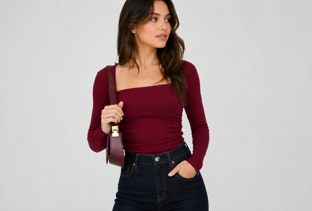 Square Neck Long Sleeve Ruched Side
Knit Top